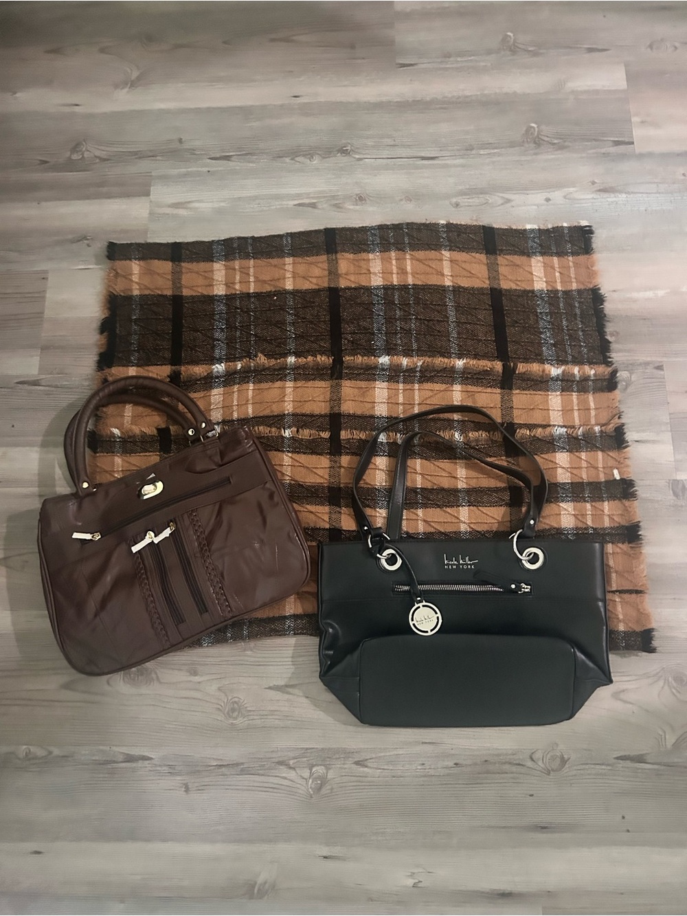 Bundle of Women’s  Fall accessories Black Brown hand purse w body pashmina wrap